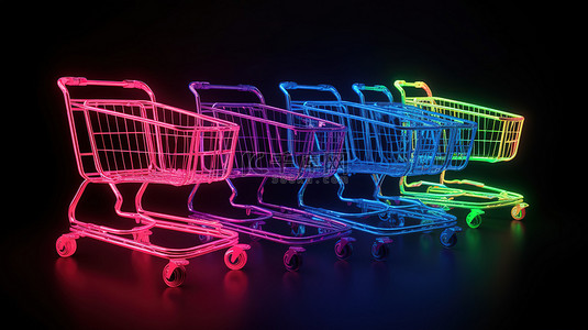 购物车图标背景图片_3D 渲染中的霓虹灯点亮购物车图标