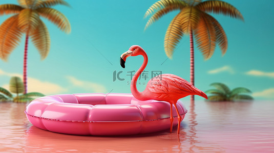 夏泳池背景图片_带有棕榈树和火烈鸟的复制空间的 3D 插图漂浮着完美的夏季度假胜地