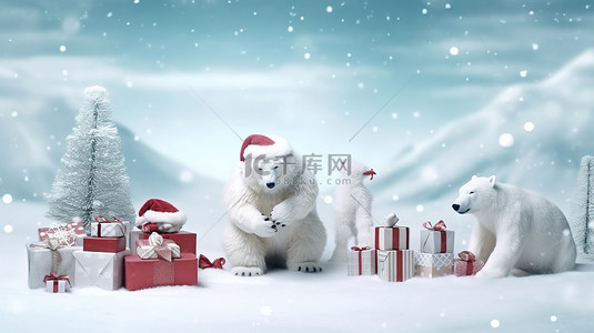 节日乐趣圣诞老人和北极熊用讲台 3d 渲染庆祝圣诞节