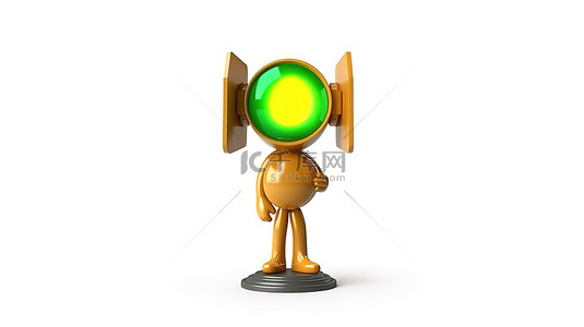 信号背景图片_白色背景的 3D 渲染，吉祥物人物拿着金奖获得者奖杯，交通绿灯