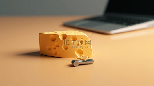 电脑可爱背景图片_简约 3D 渲染电脑鼠标与奶酪