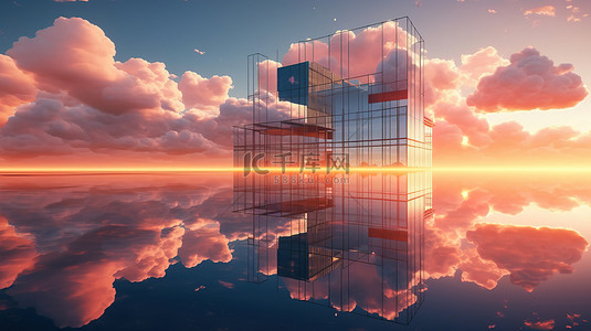 建背景图片_反光的未来派天际线现代玻璃建筑和日落时的水景云
