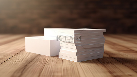 商务白色名片背景图片_木桌背景，有四堆 3D 渲染的白色名片模型