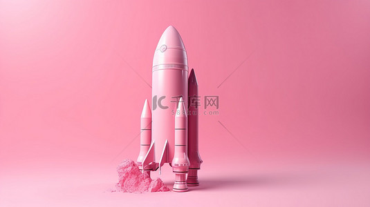 粉色飞船背景图片_孤立的粉红色背景，带有 3d 渲染的火箭或宇宙飞船，具有充足的空间