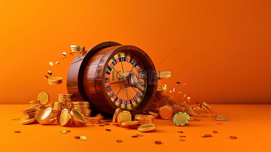 命运背景图片_在线赌场中橙色背景上带有飞行硬币的逼真 3D 轮盘赌轮和桶