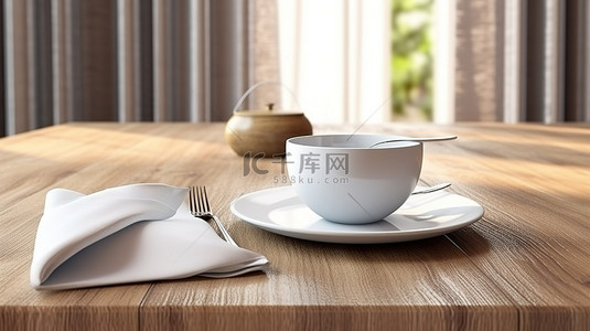 白色餐垫，配有餐桌设置模型，配有木桌背景 3D 渲染