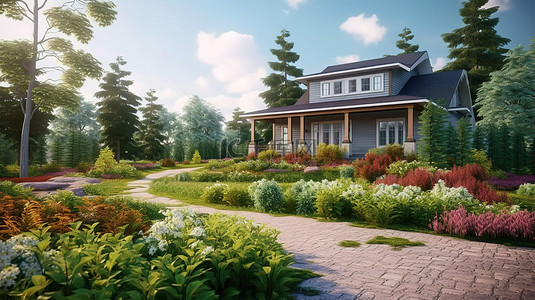 车库出售背景图片_阳光明媚的家庭外观的 3D 渲染，装饰着华丽的景观