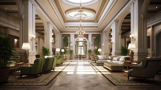 优雅的酒店大堂与永恒的设计 3D 渲染