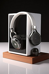 银器包装背景图片_一套黑色耳机和银色表面的方形扬声器箱
