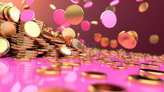 运动中的繁荣 3d 渲染彩色粉红色壁纸与金币雨