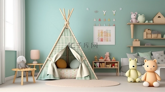 带帐篷和玩具填充框架的俏皮儿童房的 3D 渲染