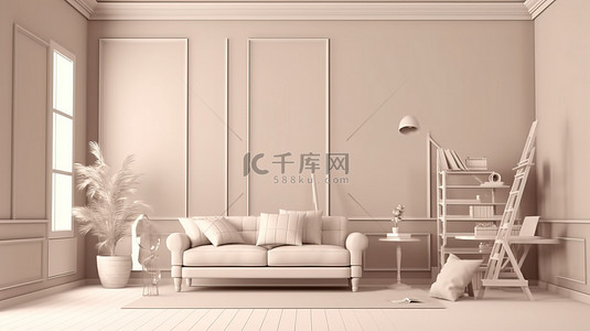 米色单色房间内部与家具和装饰的 3D 渲染