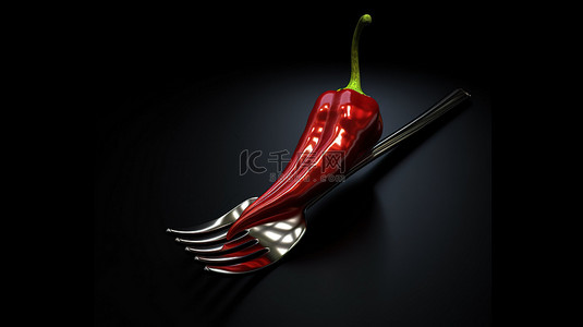 铁板红辣椒钉在乌木背景 3D 插图上闪亮的铬叉子