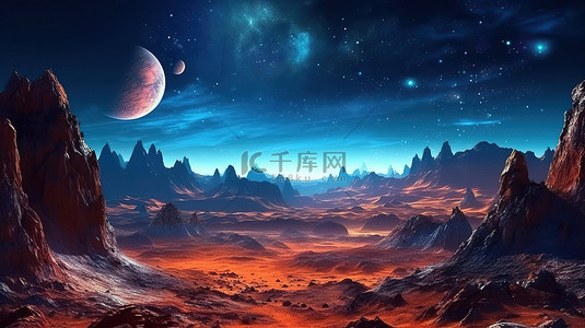土星表面背景图片_蓝色照明橙色山脉星空和月亮的外星世界的 3D 插图