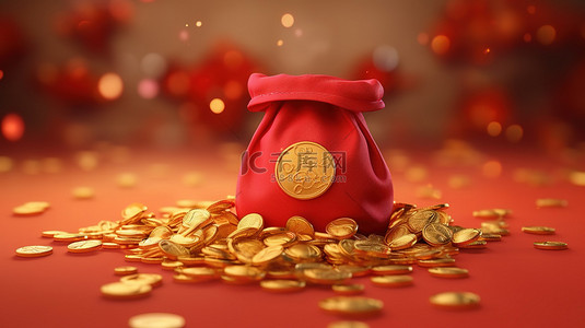 东方黄金背景图片_财富充满的书包与闪闪发光的硬币中国新年贺卡在 3D 渲染
