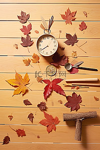 桶背景图片_一张有秋叶装饰和工具的桌子