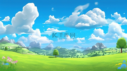 夏日背景图片_春夏季节卡通风格蓝天云旗乡村景观草甸和山地的 3D 渲染