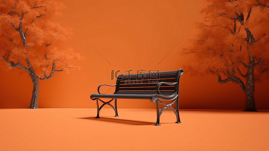 橙色背景展示 3D 渲染的单色公园长椅