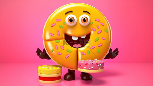 黄色背景，带有吉祥物角色的 3D 渲染粉色大釉面甜甜圈草莓配料和信息图形商业饼图