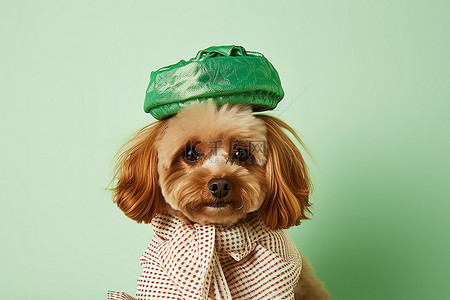 头上戴着绿色毛巾的棕色小狗