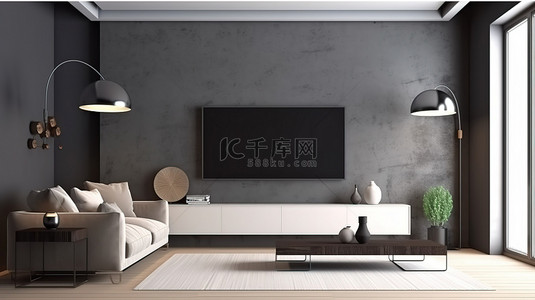 时尚的室内建筑设计与现代生活家具中的电视样机 3D 可视化