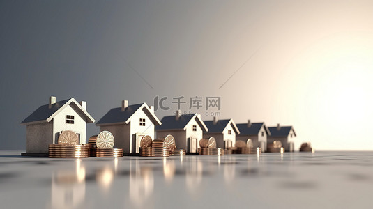 保险背景图片_在 3D 渲染中有一排硬币的小房子模型