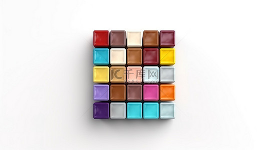 方形彩色巧克力糖果排列在白色背景的糖果盒中，具有 3D 效果