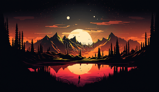 森林山水月亮自然风景卡通背景装饰插图游戏背景