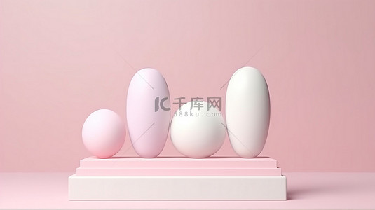 带有白色复活节彩蛋的 3D 柔和彩色支柱讲台的插图渲染