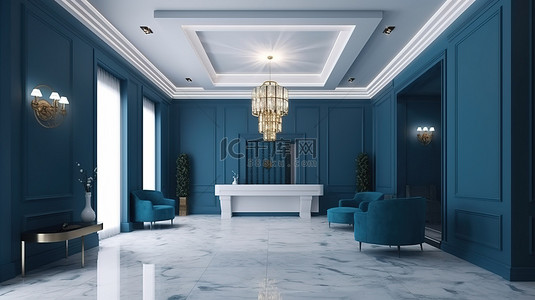 蓝色酒店背景图片_现代豪华酒店和办公室的蓝色主题接待和休息室 3d 渲染