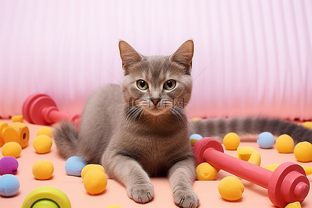 一只灰猫坐在粉色垫子上，上面放着彩色玩具