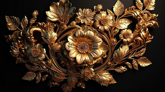 金色植物群精致花卉装饰的 3D 渲染
