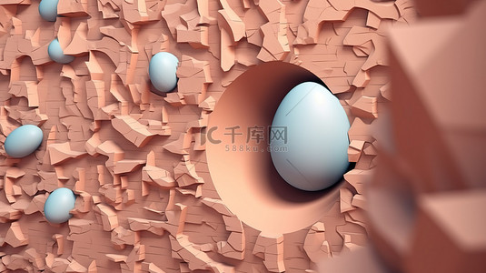 墙上有复活节彩蛋形切口的背景的 3D 渲染