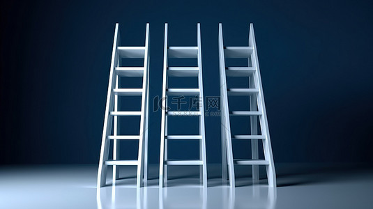 大白插画背景图片_用四个蓝色梯子和一个大白色梯子展示领导力和成功概念的 3D 渲染图