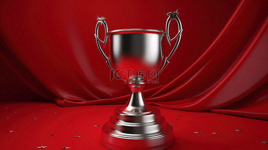 奖章红色背景图片_红色背景银奖杯与 3d 插图中的星星