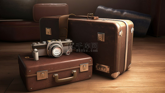 复古旅行必需品 3d 棕色手提箱相机飞机