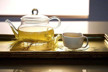 茶壶西式茶壶背景图片_传统绿茶，配有小麦和托盘上的茶壶
