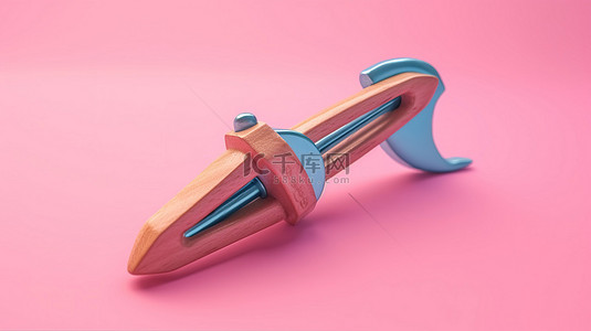 充满活力的粉红色背景 3D 渲染上具有威胁性的双色调木制弹弓玩具武器