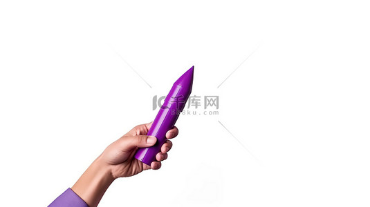 运输卡通背景图片_白色背景，3D 渲染卡通手拿着紫色纸火箭