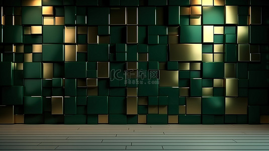 深绿色和奢华金色的 3D 墙非常适合作为背景或壁纸