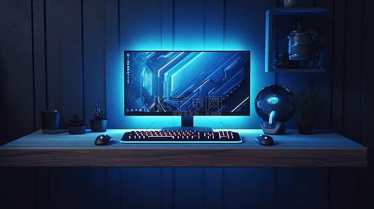 蓝色图案游戏室中的现代电脑游戏设置，配有白屏和 3D 键盘渲染