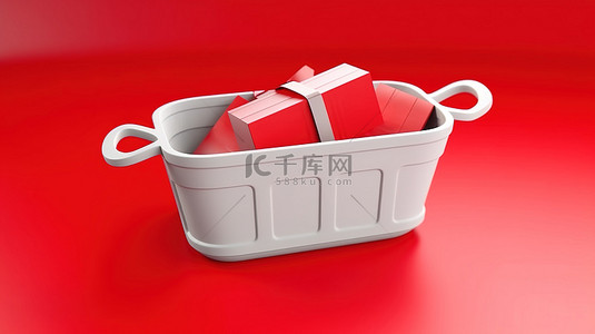 白色和红色背景上带有红色丝带奖金卡的购物篮的 3D 渲染