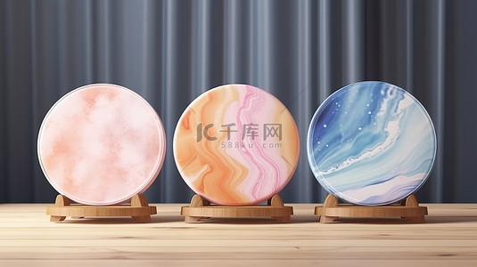 陶瓷背景背景图片_3D 渲染中圆形水彩板上展示的美容产品