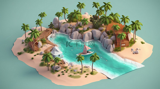 热带海水背景图片_热带岛屿逃生 3D 等距视图，宁静的海滩上有棕榈树和水晶般清澈的海水