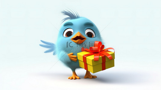 搞笑的 3D 小鸟，嘴里叼着一份礼物
