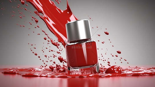 美容化妆美甲背景图片_红色指甲油从瓶子中溅出的 3D 渲染剪辑图像