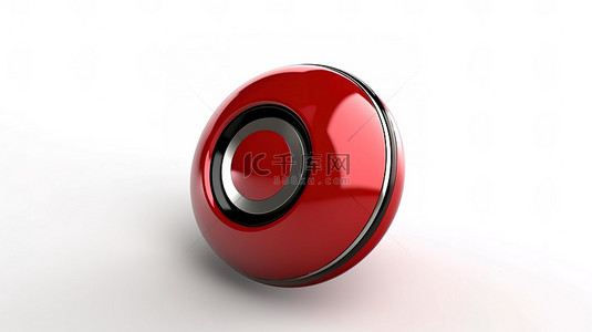 白色背景上带有音量按钮的红色扬声器的 3D 渲染概念设计