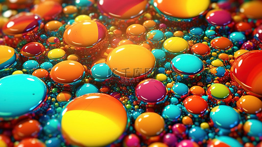 关闭彩色颗粒和圆形形状抽象插图的 3D 渲染