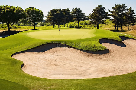 不寻常背景图片_一个不寻常的高尔夫球洞，背景是沙子和树木