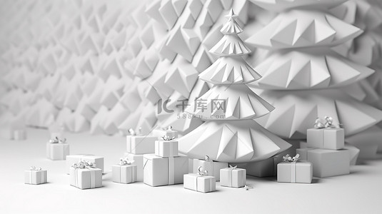 雪白圣诞树礼品盒演示的 3D 渲染